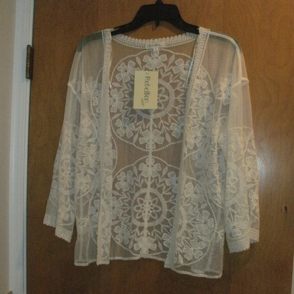 NWT Romantic Open Front Ivory Cream Floral Lace 3/4 Sleeve Cardigan Topper ~ L